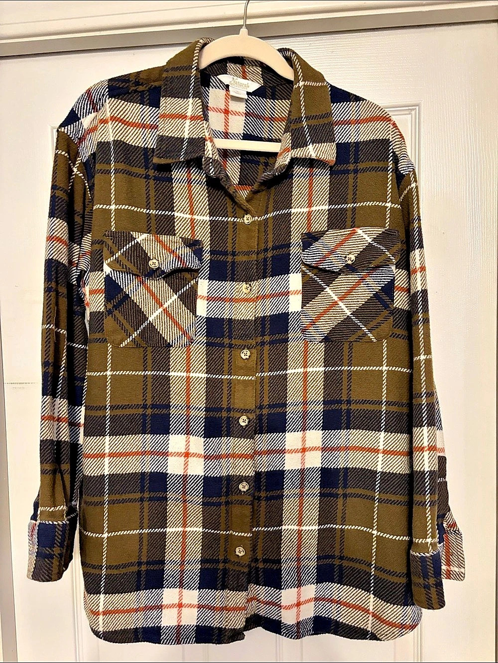 Women’s Natural Reflections Plaid Shacket in Olive, rust & Blue XL